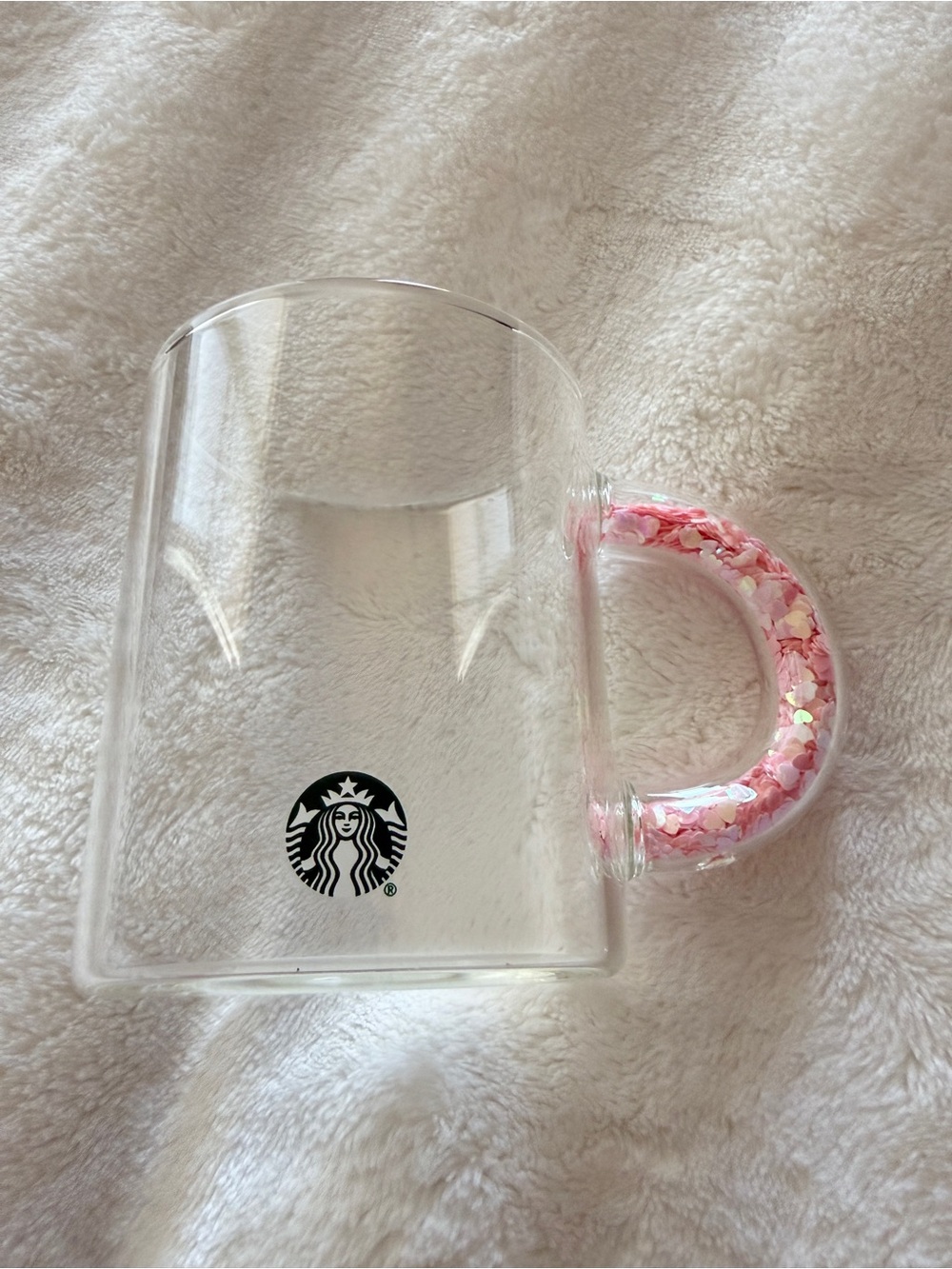 Starbucks Clear Glass Mug with Pink Hearts Glitter Handle